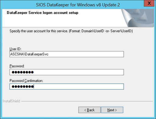 図 34:SIOS DataKeeper インストールのドメイン ユーザー名とパスワードを入力する