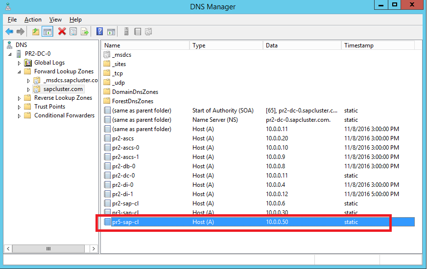 新しい SAP ASCS/SCS クラスターの仮想名と TCP/IP アドレスの定義された DNS エントリを強調表示する DNS Manager リスト