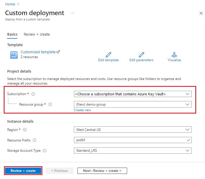 Azure portal の ARM テンプレート ページのスクリーンショット。