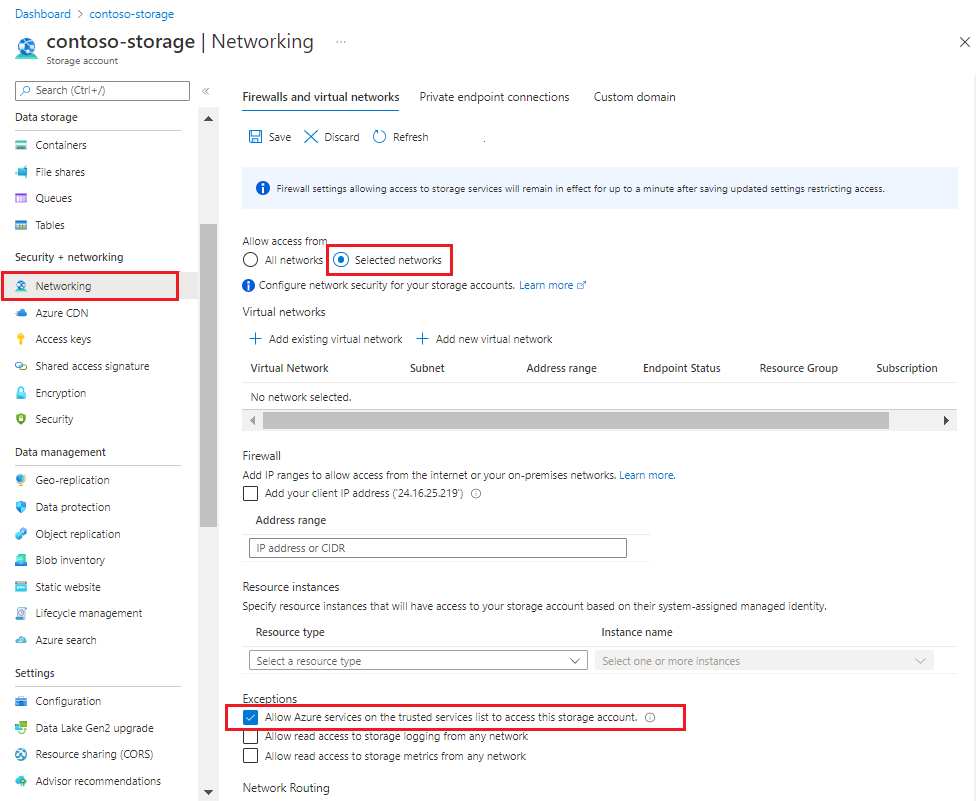 ポータル内の Azure Storage 用のファイアウォールとネットワークのページのスクリーンショット。