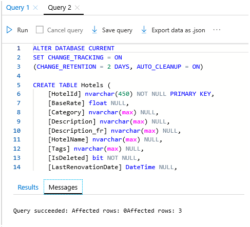 クエリ エディター ウィンドウの SQL スクリプトのスクリーンショット。