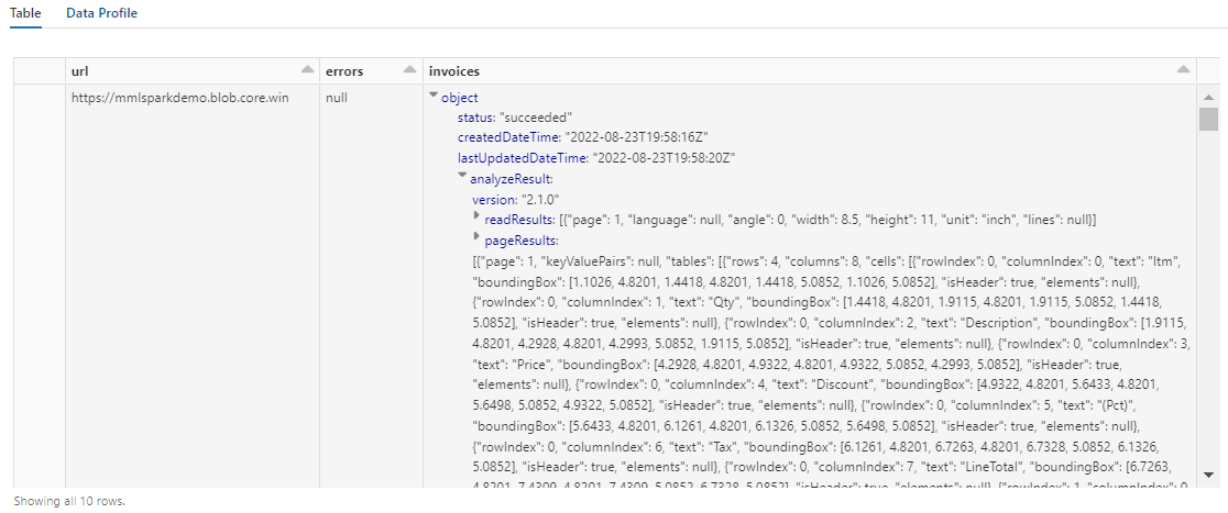 AnalyzeInvoices の出力のスクリーンショット。