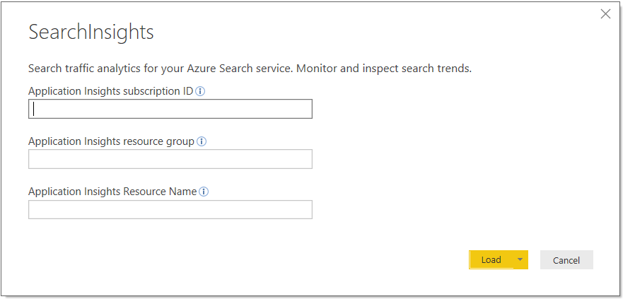 Power BI から Application Insights に接続する方法を示すスクリーンショット。