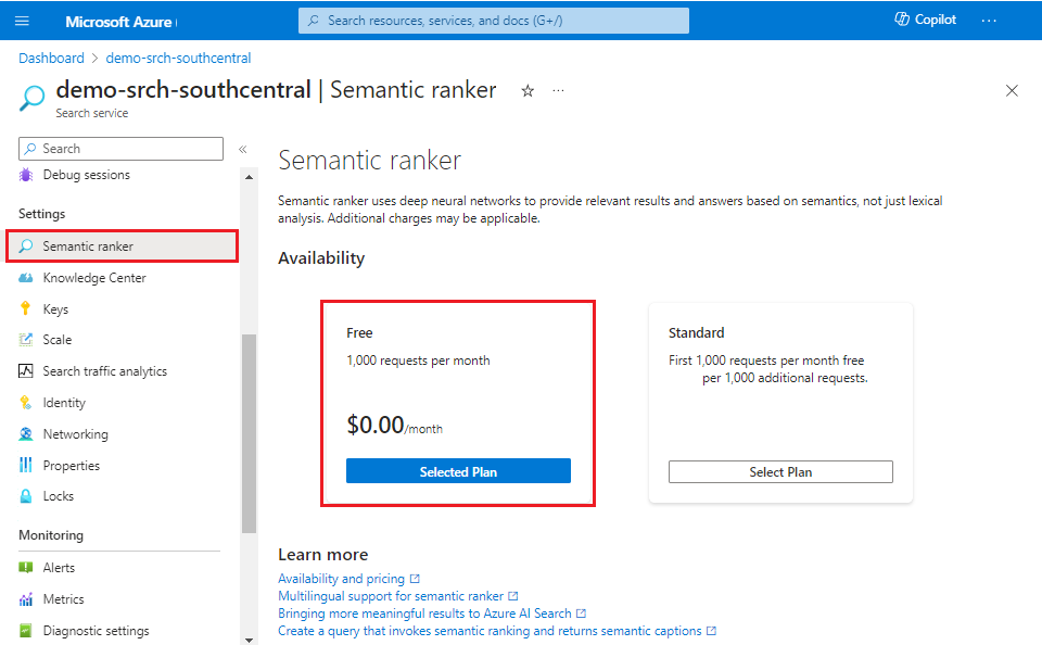 Azure portal でのセマンティック ランク付けの有効化のスクリーンショット。