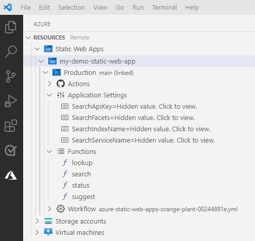 新しいアプリケーション設定が表示された Azure Static Web Apps エクスプローラーを示す Visual Studio Code のスクリーンショット。