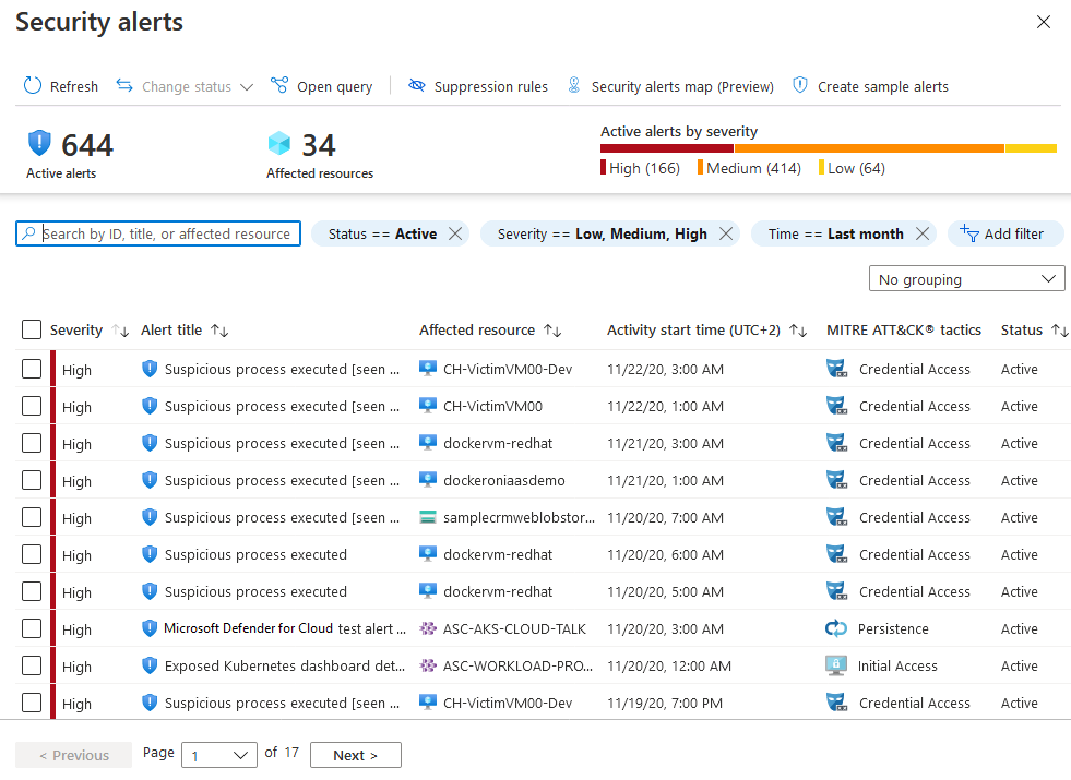 Microsoft Defender for Cloud のセキュリティ アラート一覧