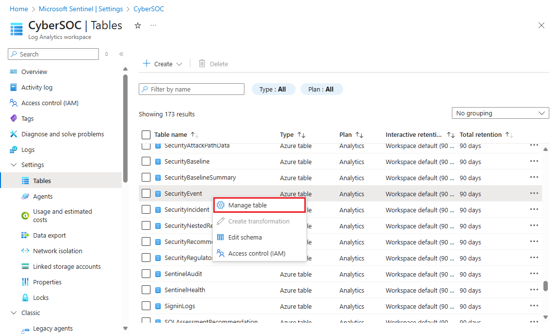 テーブル ビューにおけるテーブルのコンテキスト メニューの [Manage table](テーブルの管理) オプションのスクリーンショット。