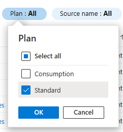 Standard プランの種類のアプリの一覧をフィルター処理する方法を示すスクリーンショット。