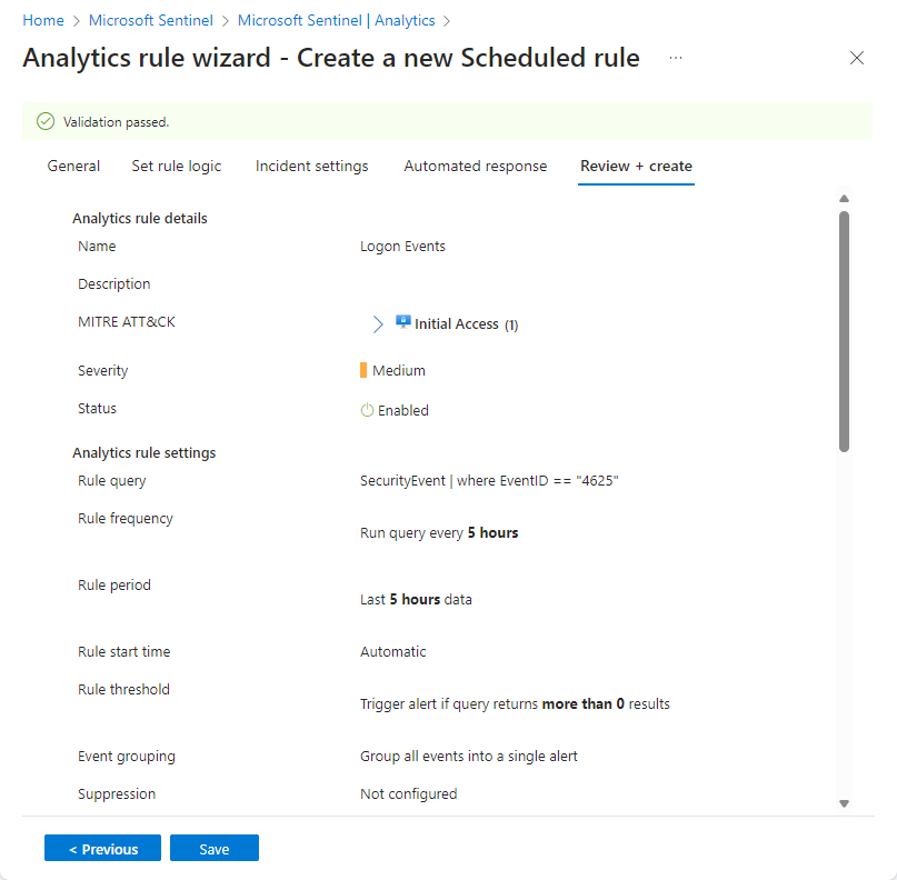 Azure portal での分析ルール ウィザードの検証画面スクリーンショット。