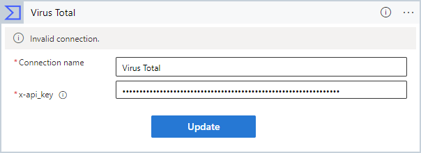 Virus Total に API キーとその他の接続の詳細を入力する方法を示すスクリーンショット。