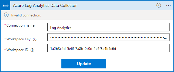 Log Analytics のワークスペース ID とキーとその他の接続の詳細を入力する方法を示すスクリーンショット。