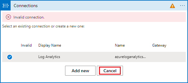 2 番めの無効な Log Analytics 接続構成のスクリーンショット。