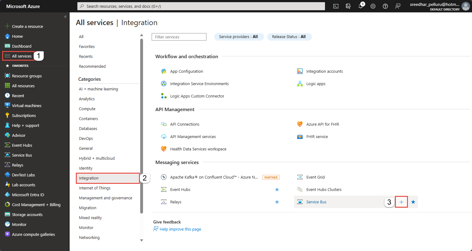 Image showing selection of Create a resource, Integration, and then Service Bus in the menu.