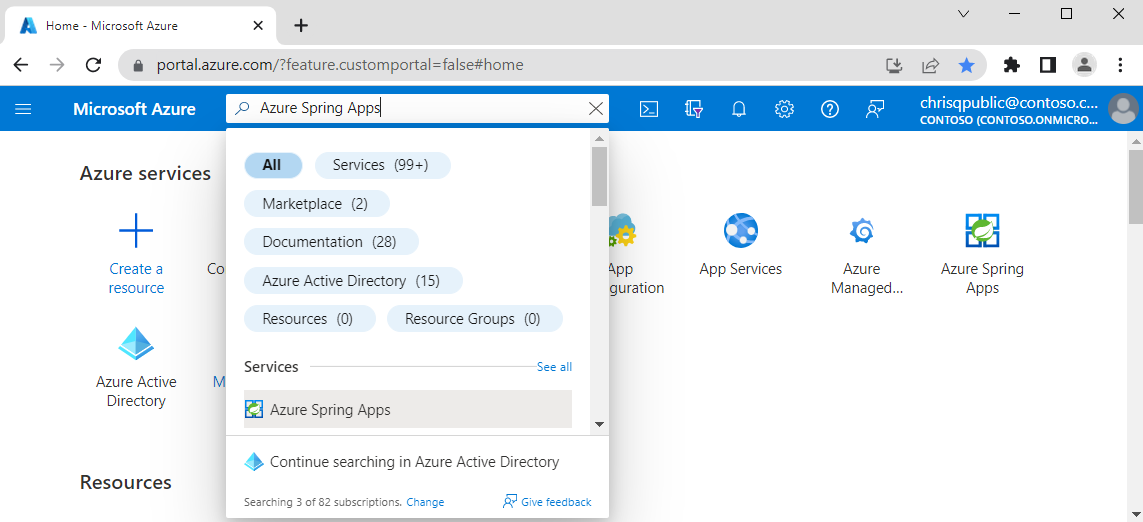 [Azure Spring Apps] が選択されている Azure portal のスクリーンショット。