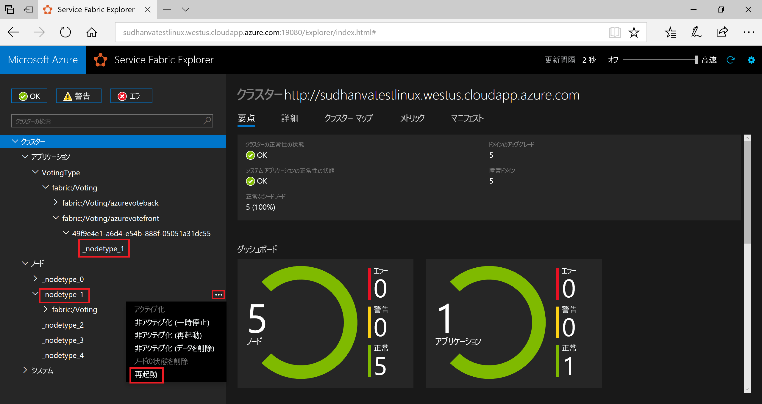 Service Fabric Explorer のノード ビュー