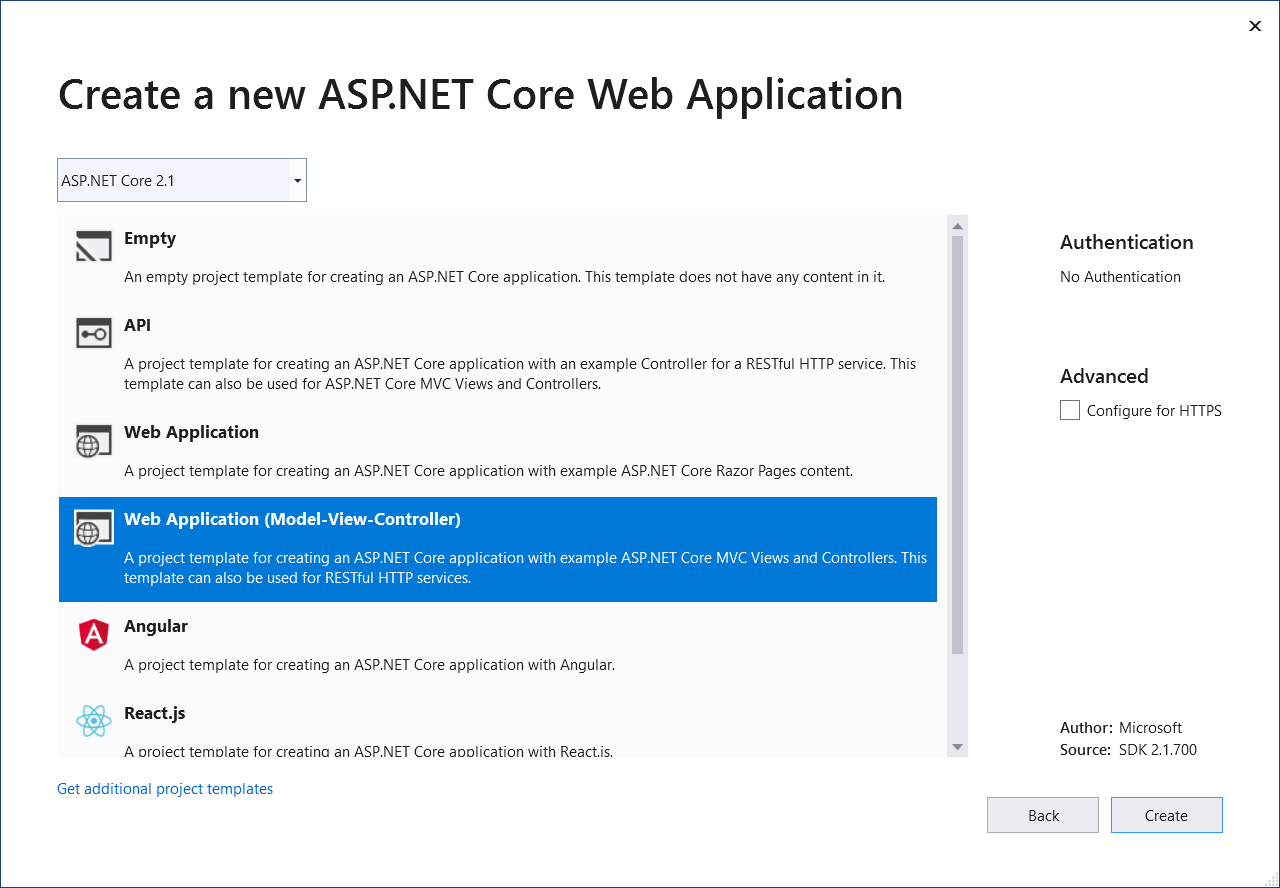 プロジェクトの種類として ASP.NET が選択された状態を示すスクリーンショット。
