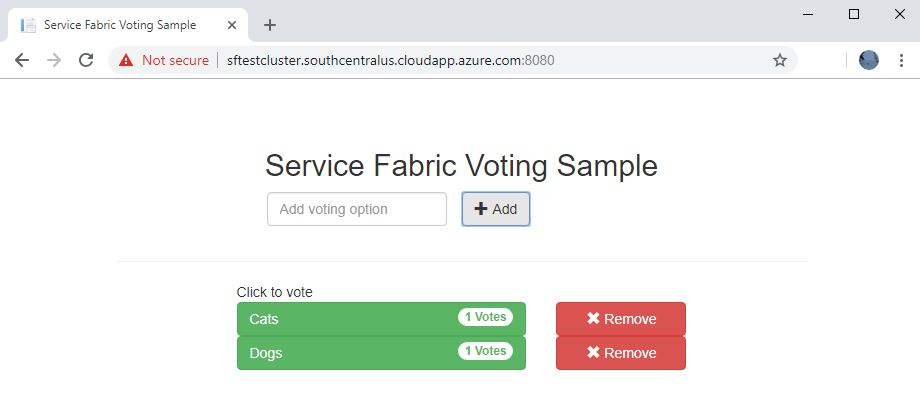 Service Fabric の投票サンプルを示すスクリーンショット。