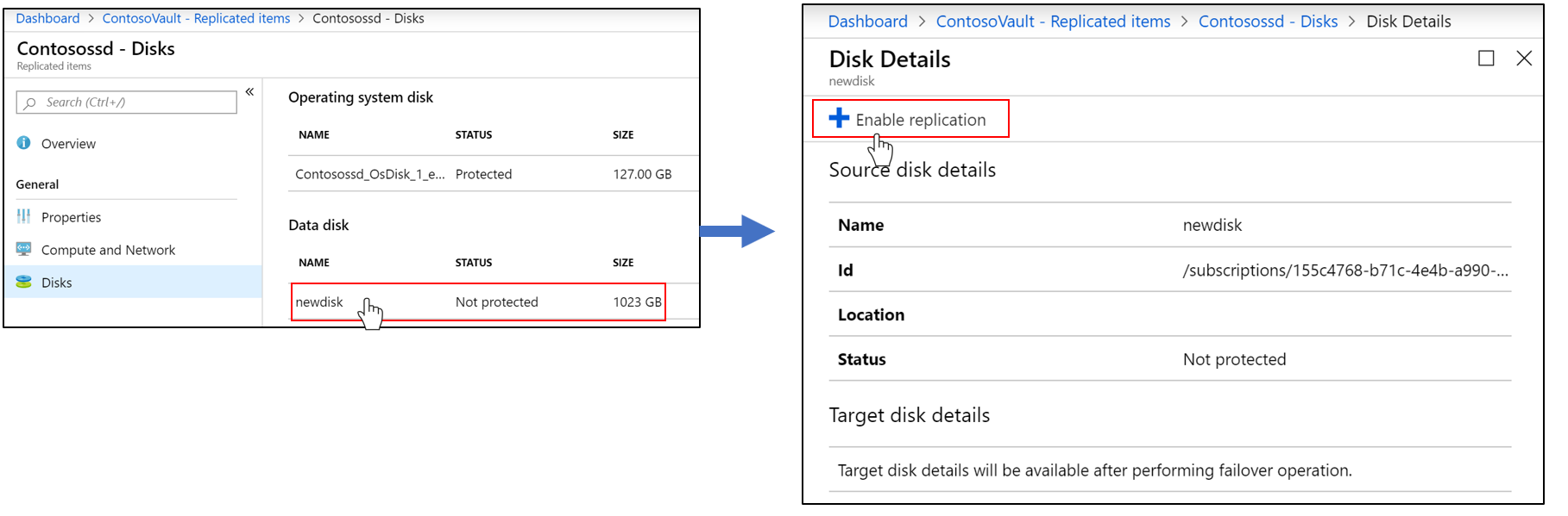 VM ディスクのレプリケーションを有効にする。