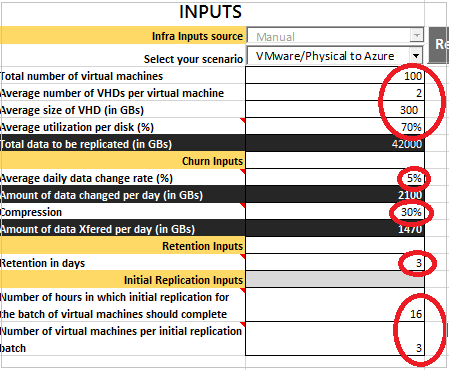 必要な入力情報が表示された、Capacity Planner ワークシートのスクリーンショット。