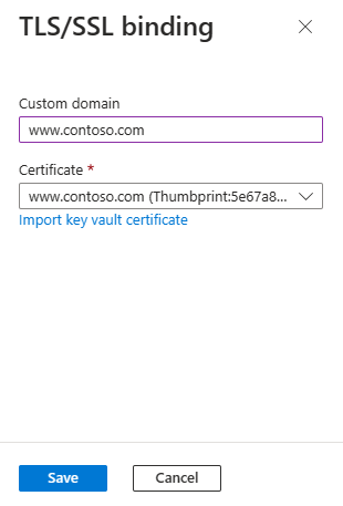 [TLS/SSL バインド] ペインを示す Azure portal のスクリーンショット。