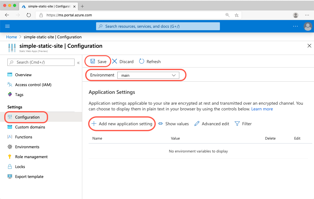 Azure Static Web Apps の環境変数ビューのスクリーンショット