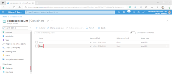 Azure portal 内の Web サイト ストレージ コンテナーの場所を示す画像