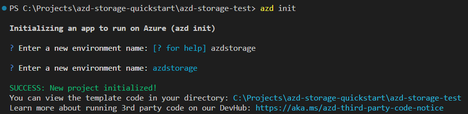 Azure Developer CLI init コマンドを示すスクリーンショット。