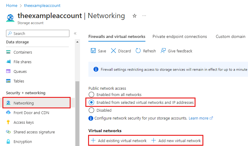 ストレージ アカウントに既存の仮想ネットワークまたは新しい仮想ネットワークを追加するオプションを提供している Azure portal のスクリーンショット。