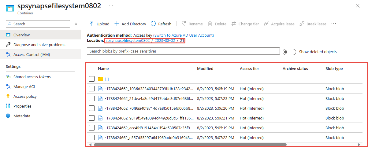 Azure Data Lake Storage Gen 2 でキャプチャした Parquet ファイルを示すスクリーンショット。