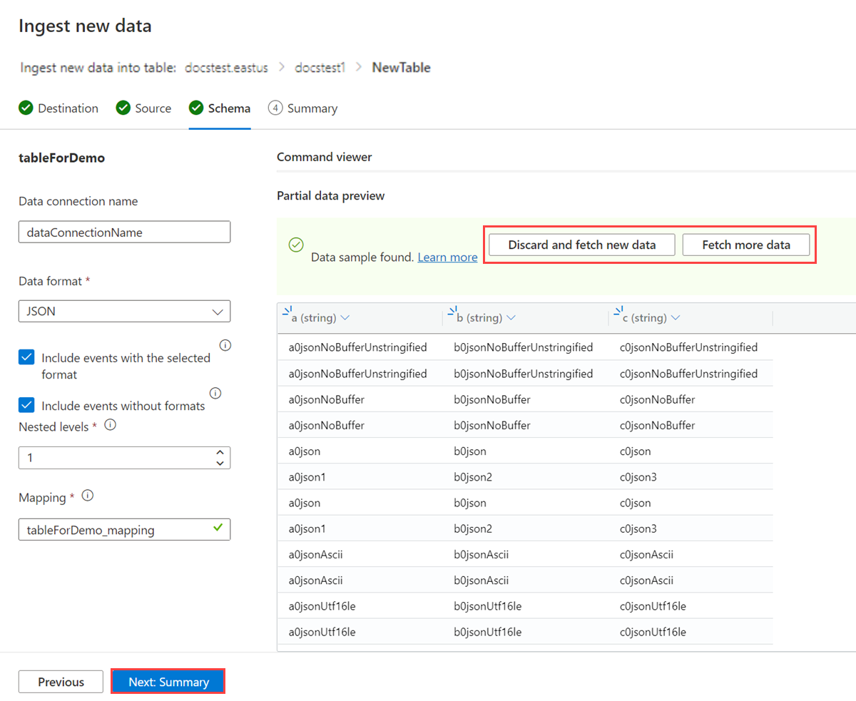 ワンクリック エクスペリエンスでのイベント ハブを使用した Azure Synapse Data Explorer への新しいデータの取り込みにおける [スキーマ] タブのスクリーンショット。