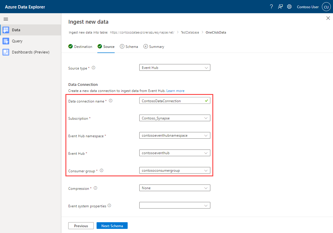 Azure Data Explorer ワンクリック インジェスト ウィザードのスクリーンショット。イベント ハブの接続の詳細が表示されています。