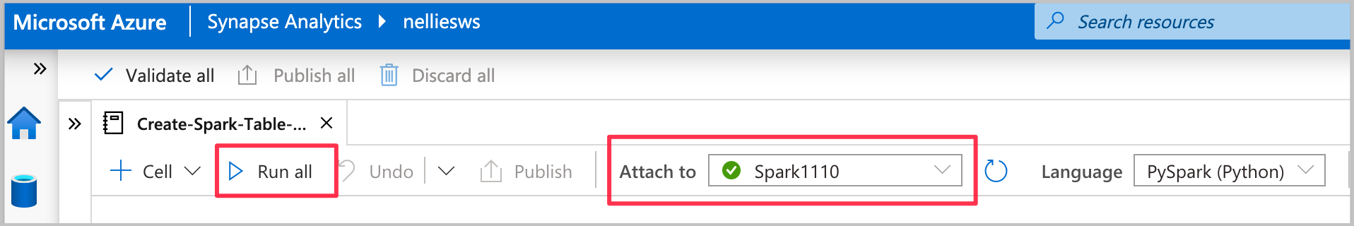 Azure Synapse Analytics のスクリーンショット。[すべて実行] と Spark データベースが強調表示されています。