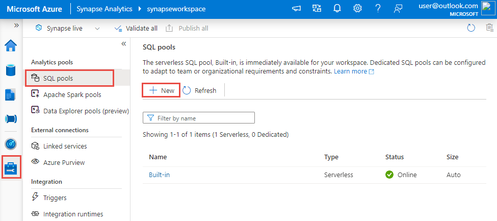 Synapse Studio から新しい SQL 専用プールを作成する方法を示すスクリーンショット。
