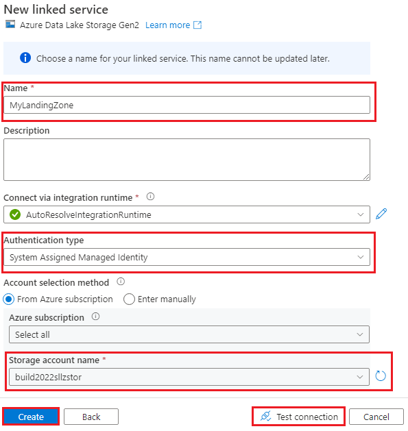 Azure Data Lake Storage Gen2 への新しいリンク サービスを示すスクリーンショット。