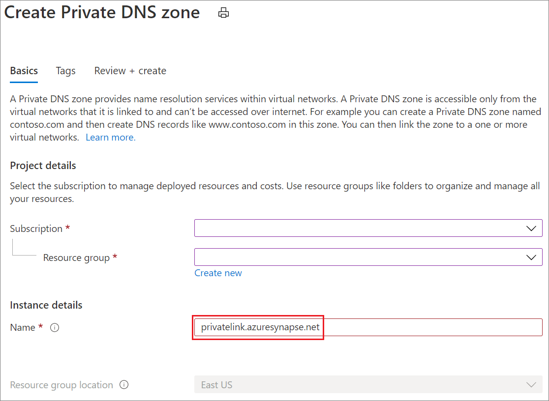 Synapse プライベート DNS ゾーンの作成 2 のスクリーンショット。