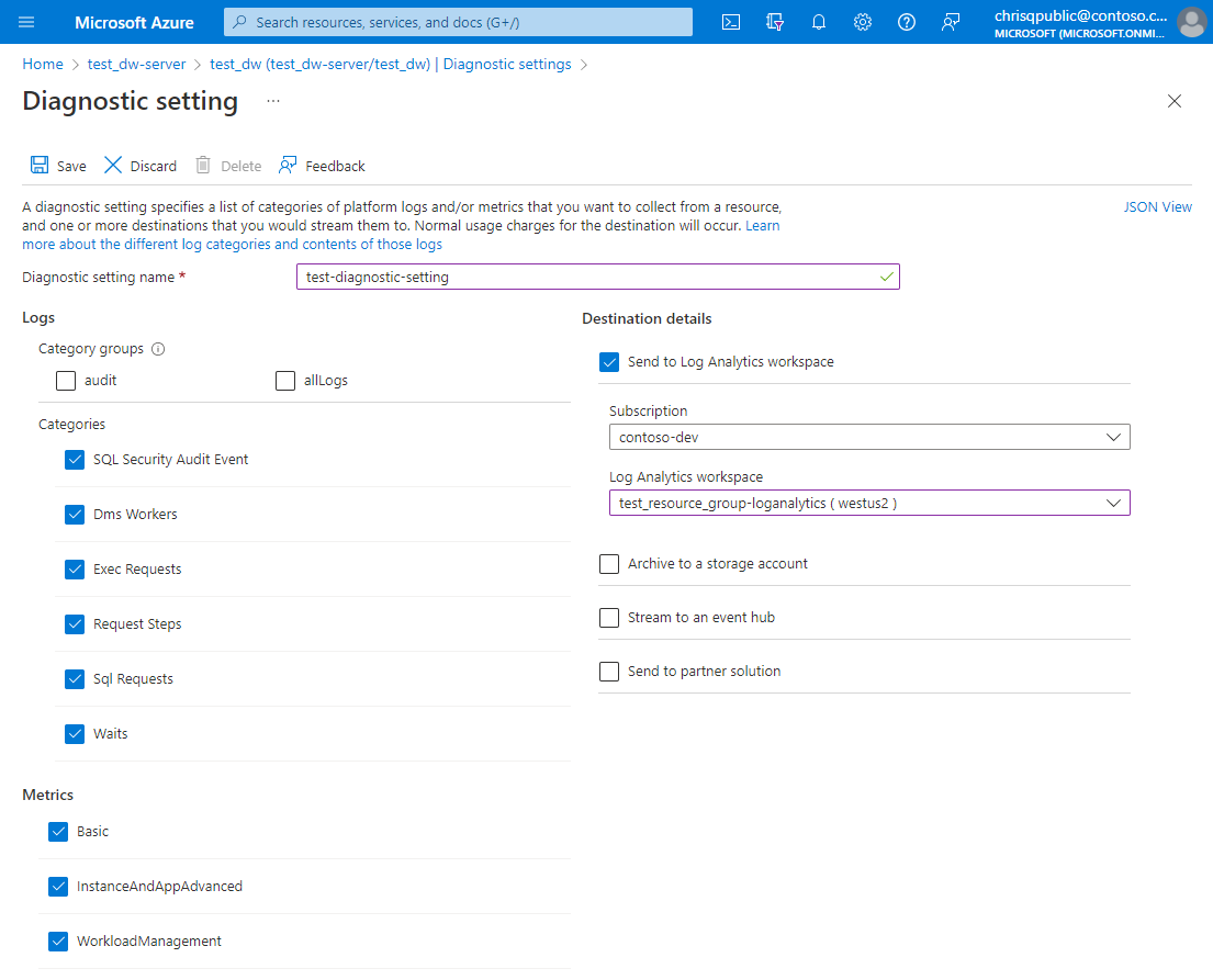 Azure portal で収集するログを指定するページのスクリーンショット。