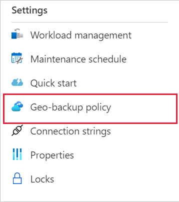 Azure portal のスクリーンショット。ナビゲーション メニューの geo バックアップ ポリシー ページの場所を示しています。