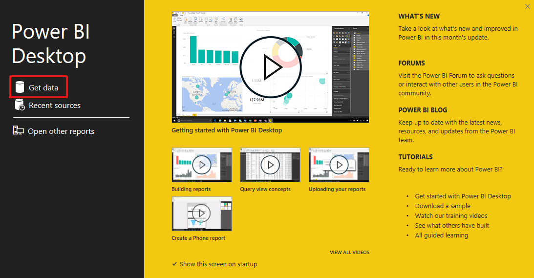 Power BI Desktop アプリケーションを開き、[データの取得] を選択する。