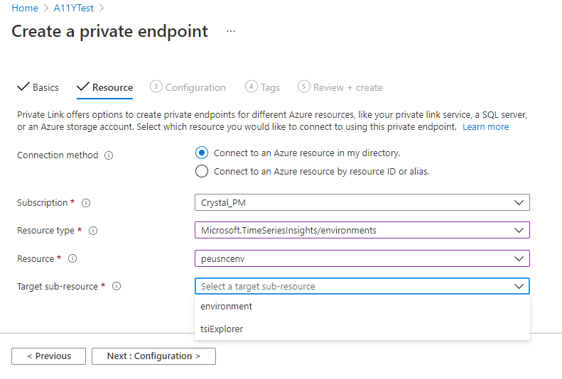 [プライベート エンドポイントの作成] ダイアログの 2 つ目の ([リソース]) タブが表示されている Azure portal のスクリーンショット。上で説明したフィールドが含まれます。