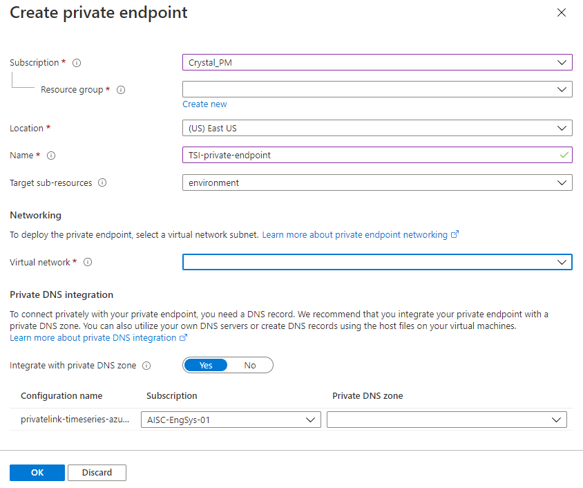 [プライベート エンドポイントの作成] ページが表示されている Azure portal のスクリーンショット。以下で説明するフィールドが含まれます。