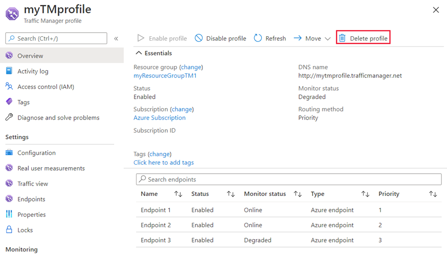 優先順位による Traffic Manager プロファイルを削除する