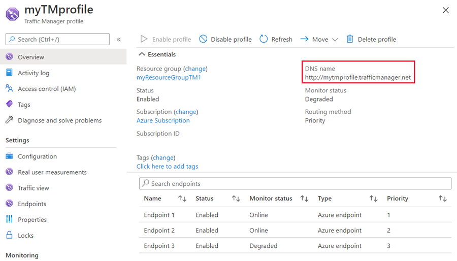 Traffic Manager の DNS 名