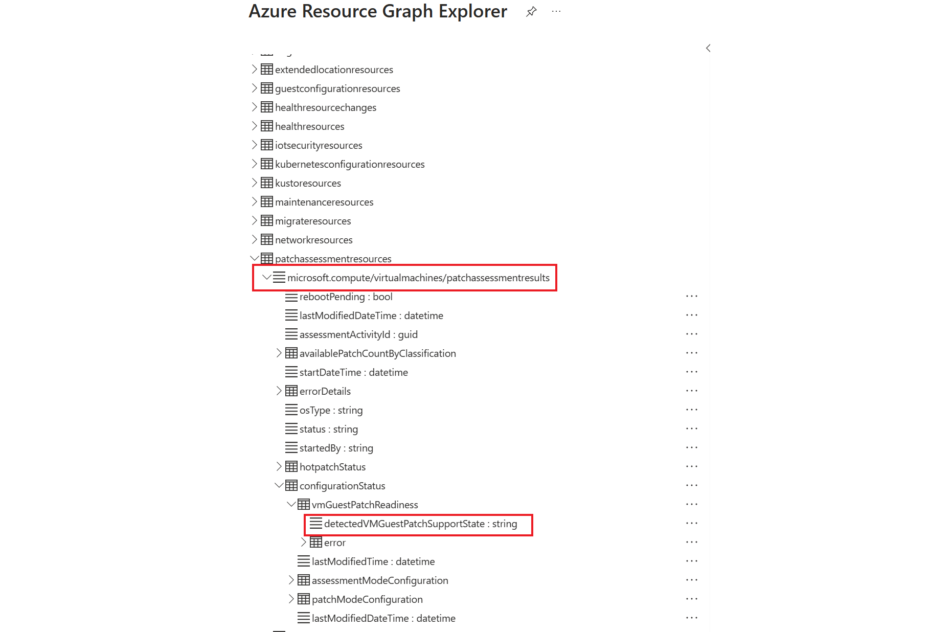 Azure Resource Graph エクスプローラーのリソースを示すスクリーンショット。