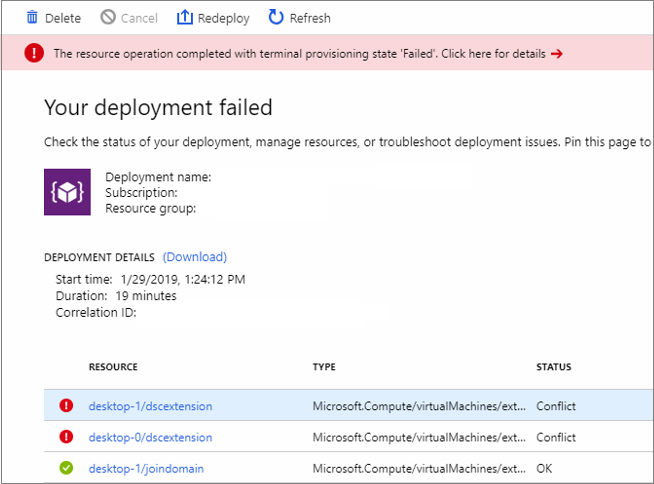 リソース操作が完了し、ターミナルのプロビジョニングがデプロイ失敗であることを示すスクリーンショット。