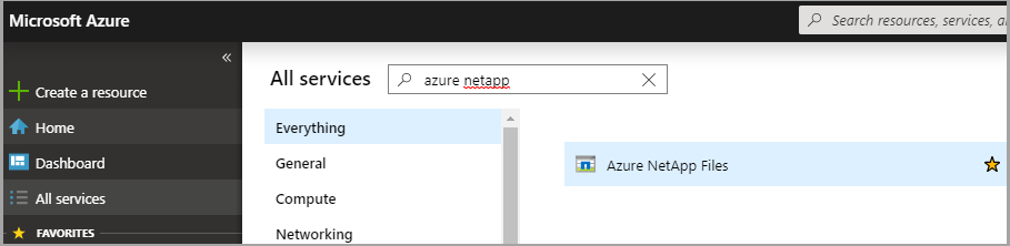 [すべてのサービス] の検索ボックスに「Azure NetApp Files」と入力した状態のスクリーンショット。検索結果に Azure NetApp Files のリソースが表示されています。