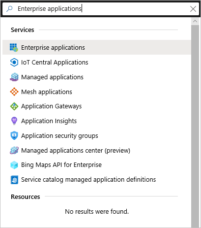 Azure portal でのエンタープライズ アプリケーションの検索を示すスクリーンショット