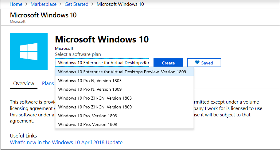 Windows 10 Enterprise for Virtual Desktops, Version 1809 を選択するスクリーンショット。