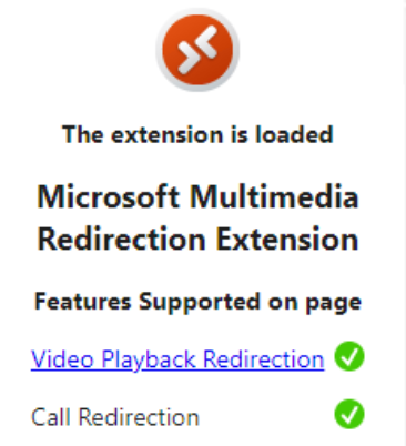 マルチメディア リダイレクト拡張機能メニューのスクリーンショット。再生リダイレクトも呼び出しリダイレクトも有効化され、白いチェックマークのある緑の円がそれぞれの横に表示されています。
