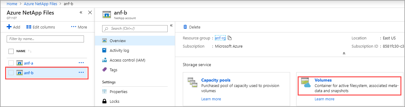 Azure portal 内で前に設定した NetApp アカウントを示す、[ボリューム] ボタンが選択された状態のスクリーンショット。