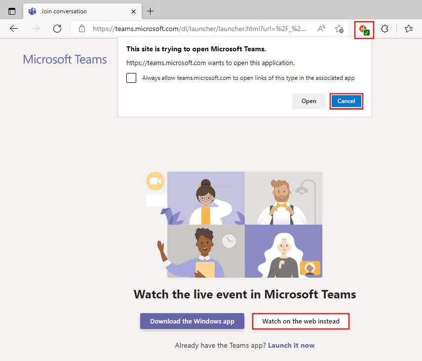 [Microsoft Teams でライブ イベントを見る] ページのスクリーンショット。状態アイコンと [Web で見る] オプションが赤色で強調表示されています。